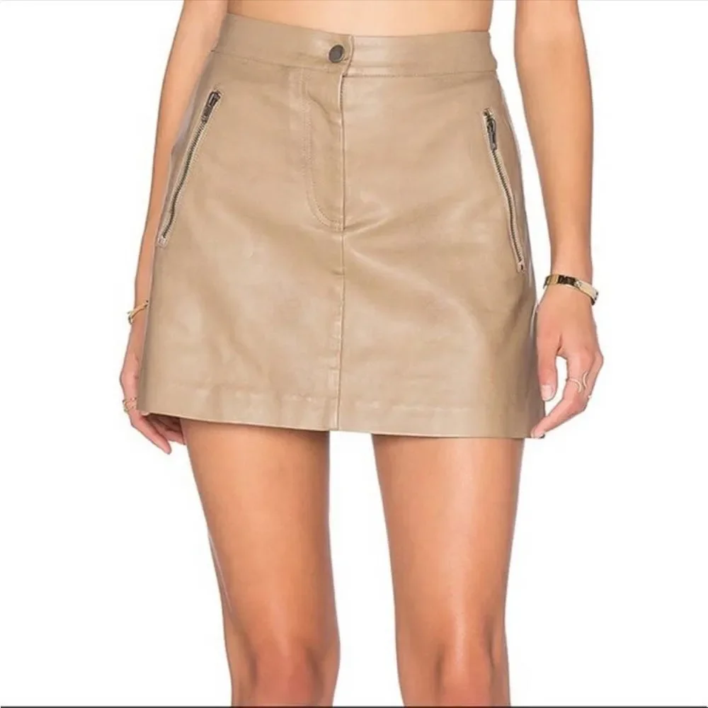J.O.A Faux Leather Mini Skirt Khaki Tan Zipper Pockets Size S